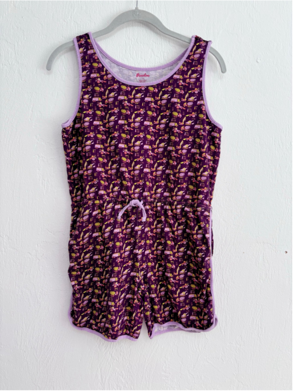 Girls Piccolina Construction Romper Size 10 Purple Yellow Cotton